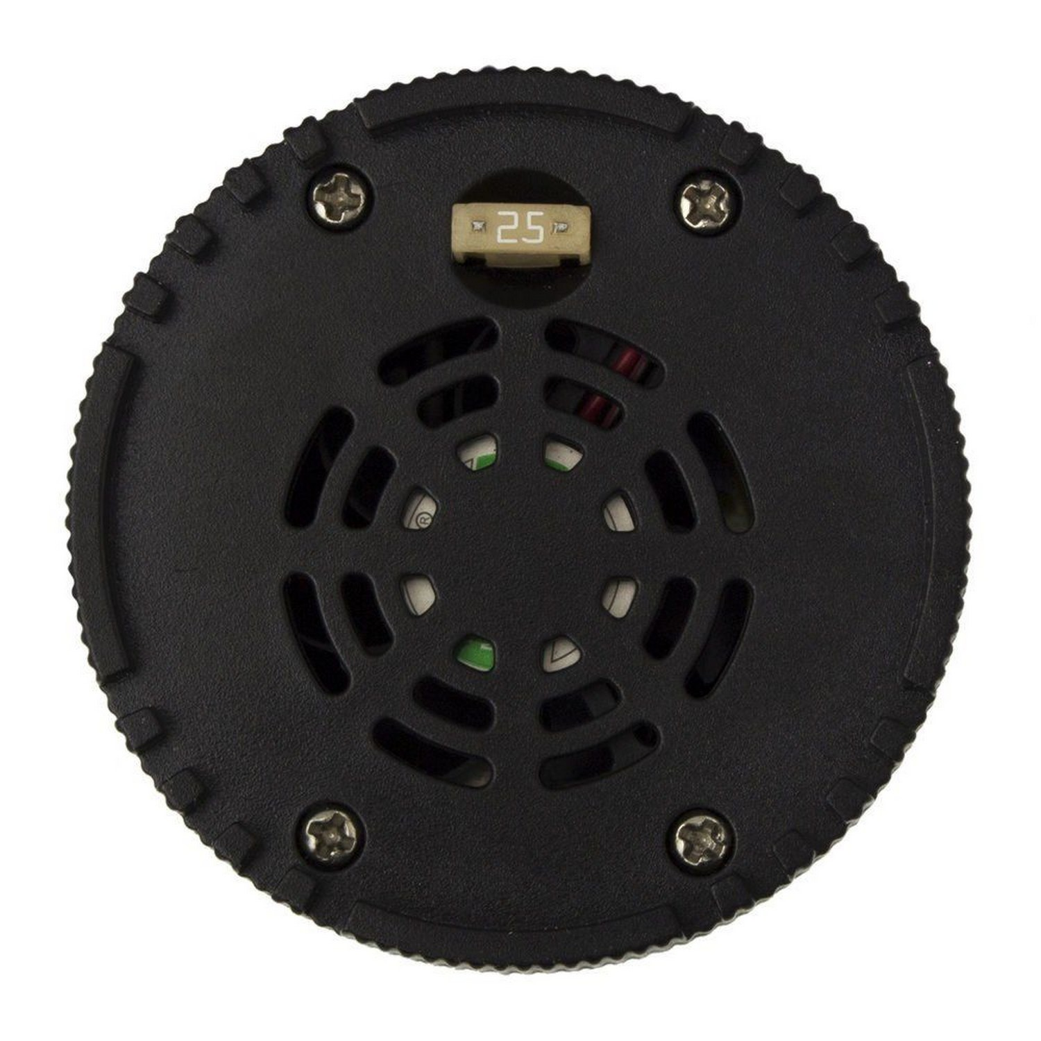 Zwarte ronde apparaatbodem. Bevat schroeven, ventilatieopeningen en een kleine zekering "2.5".