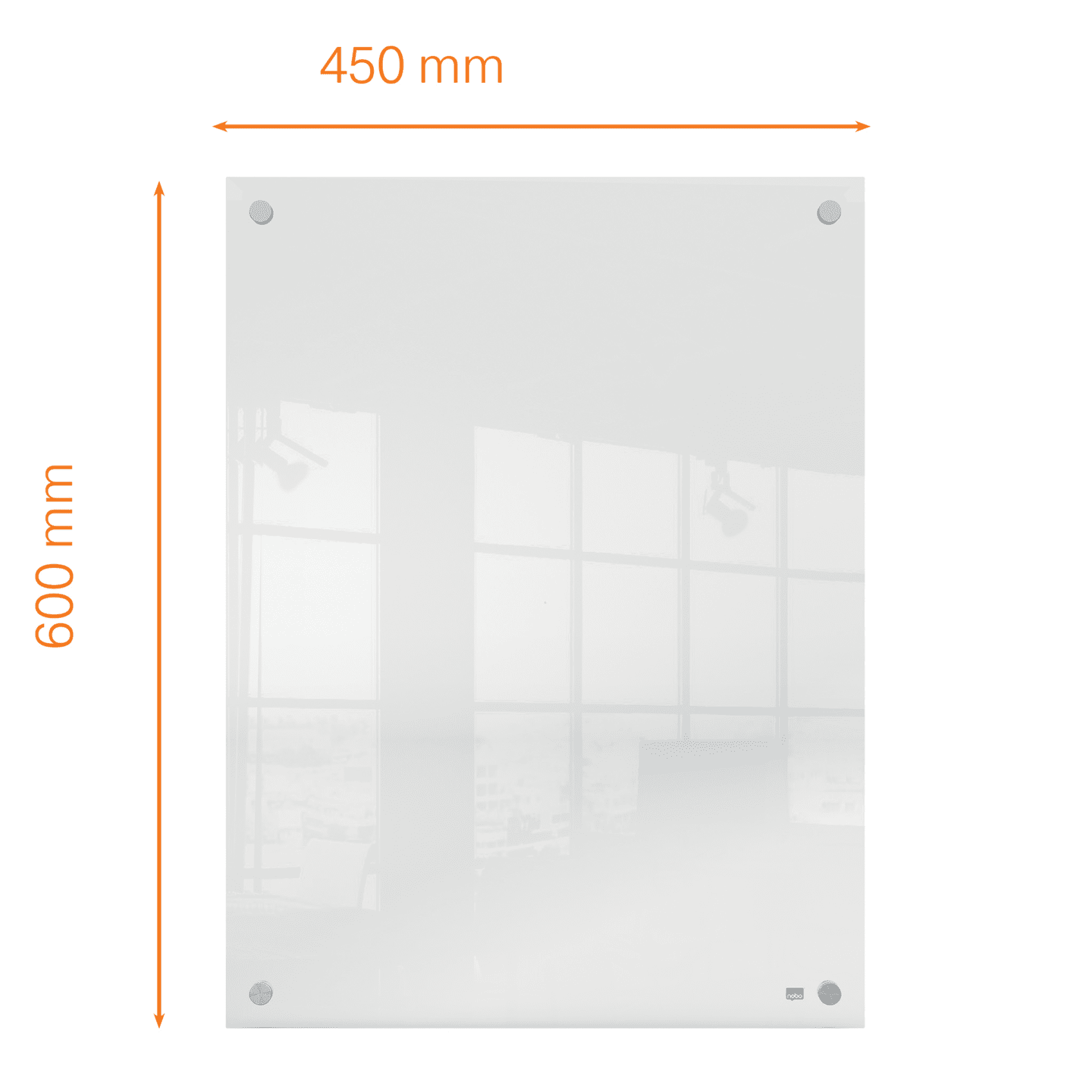 Fehér üvegtábla méretekkel. 600 mm magas és 450 mm széles.
