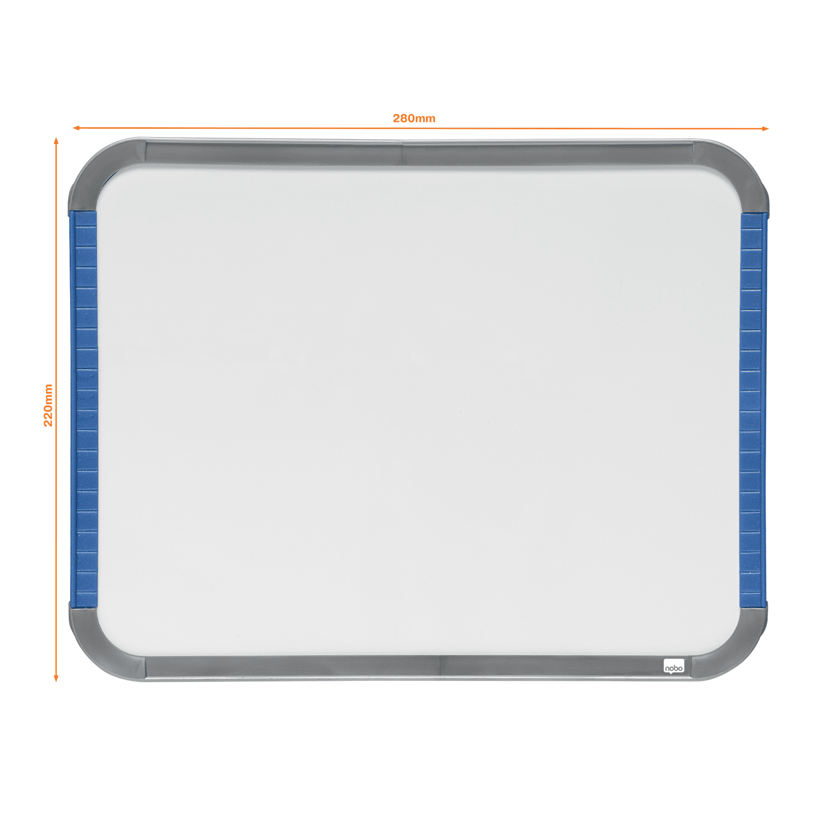 Fehér tábla kék és szürke kerettel. Méretek: 280mm x 220mm.
