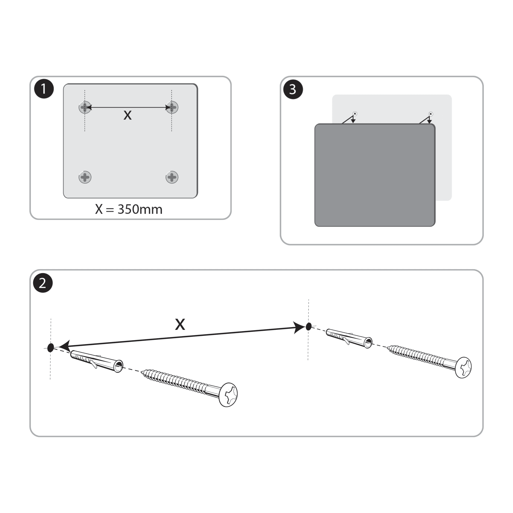 Diagram a tábla falra szerelésének útmutatójával, mérésekkel.