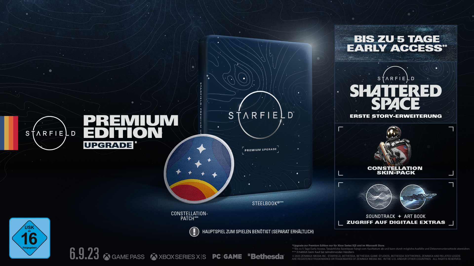 Starfield Premium Edition Box mit Patch und Bonusartikeln.