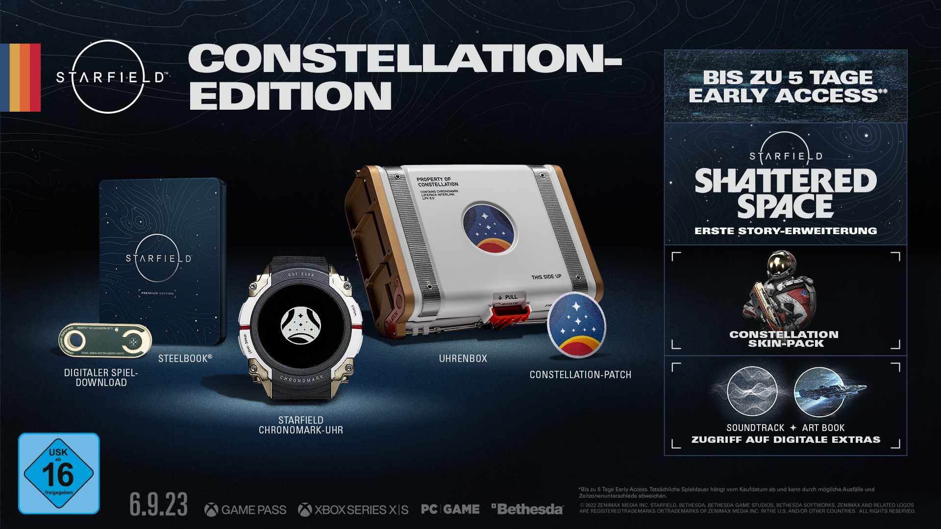 Starfield Constellation Edition Box-Set mit Spiel, Uhr und anderen Artikeln.