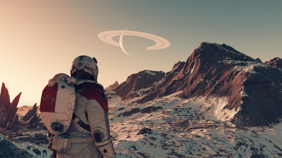 Ein Astronaut betrachtet einen Planeten mit Ringen in einer Landschaft mit Bergen.