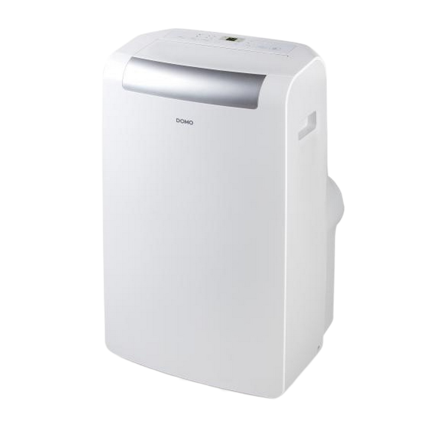 Climatiseur DOMO blanc, design simple, fond noir.