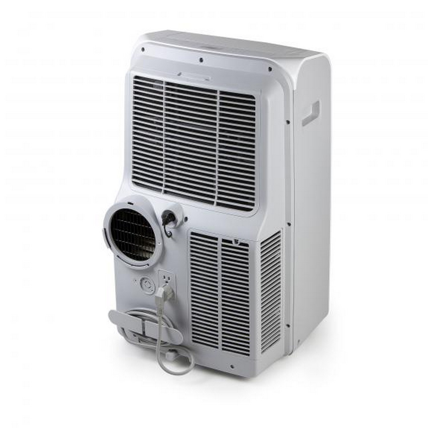 Climatiseur portable blanc, vue arrière avec aérations, cordon d'alimentation et commandes.