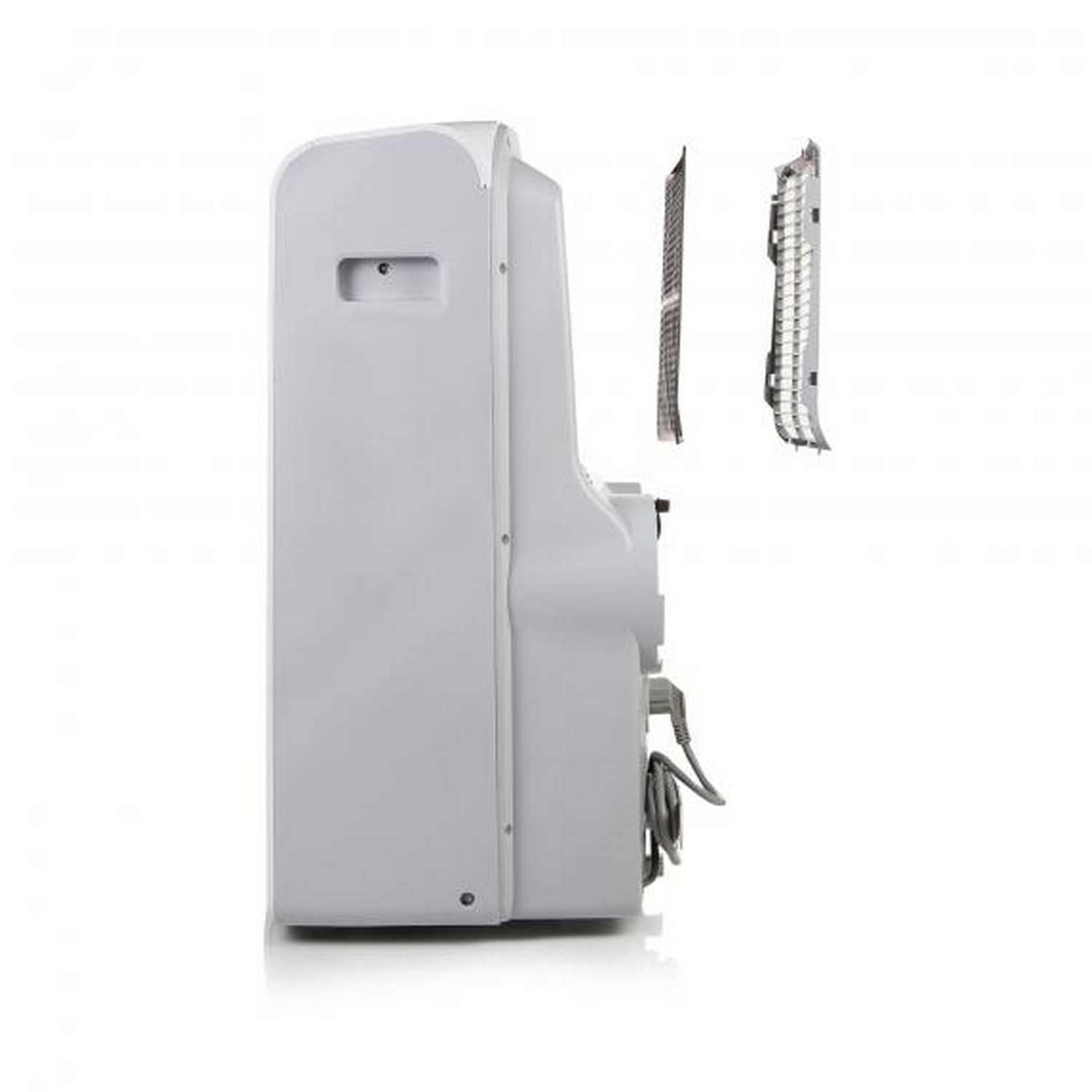Purificateur d'air blanc avec des parties de filtre retirées. Fond blanc.