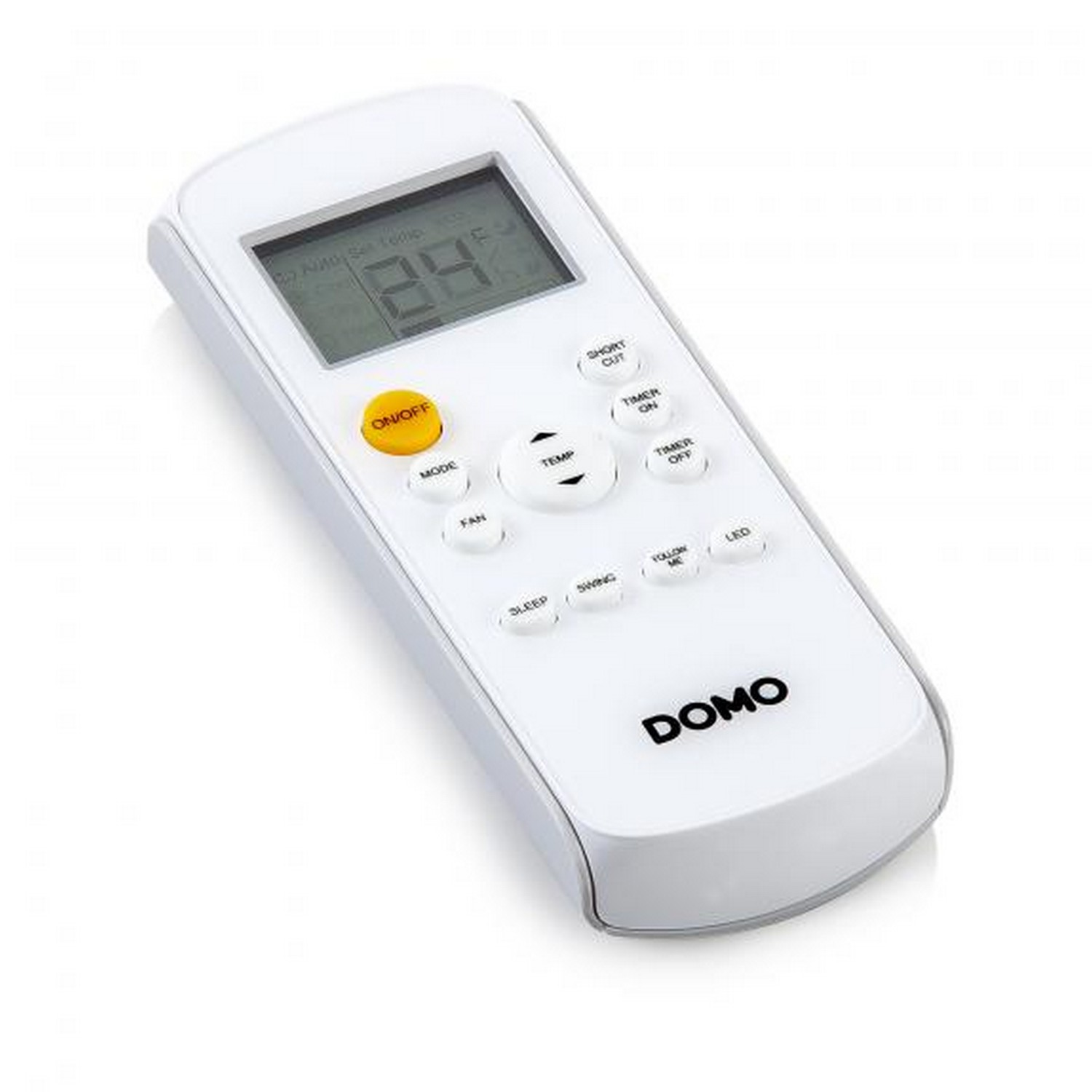 Une télécommande blanche avec un écran, des boutons et la marque DOMO, sur fond blanc.