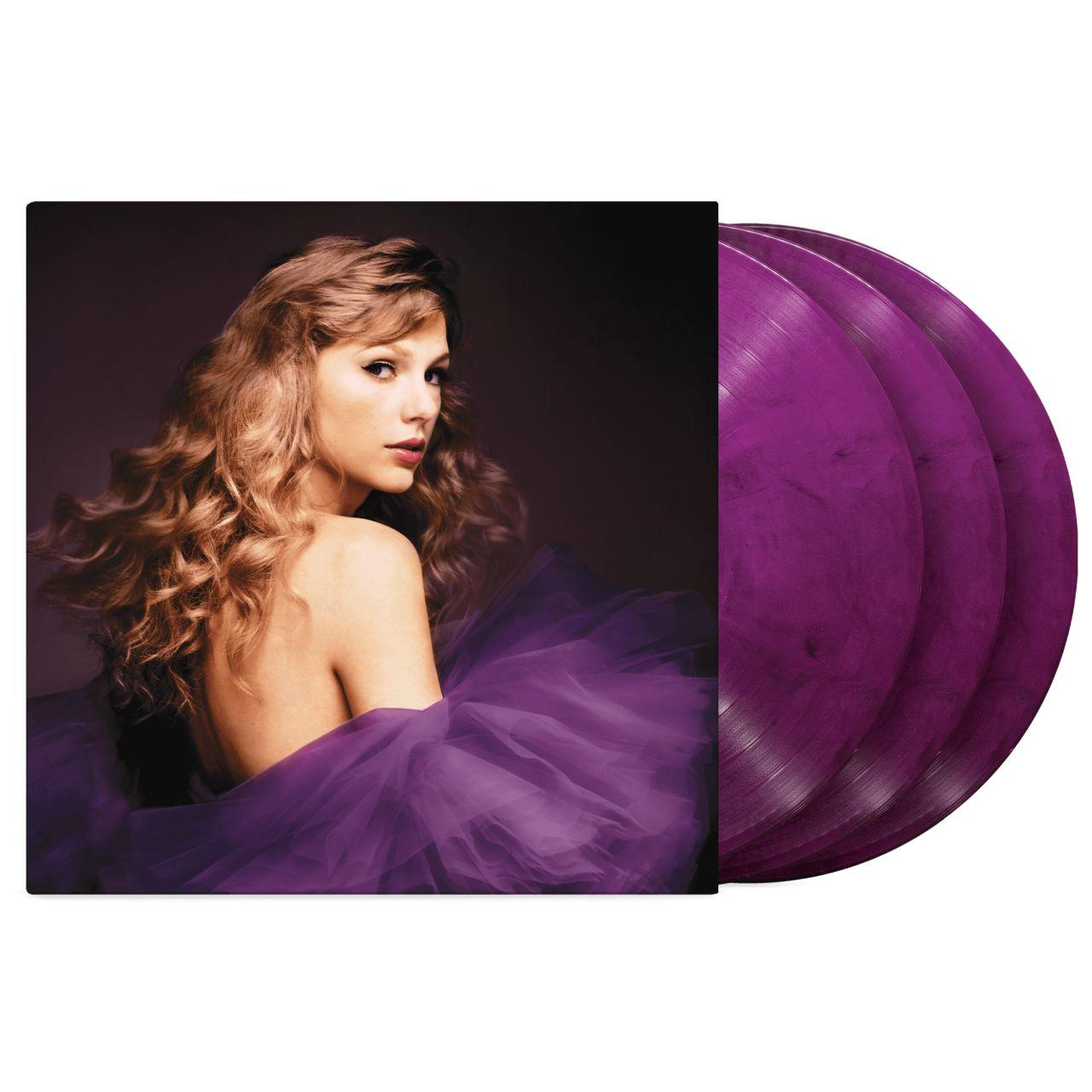 Taylor Swift Albumcover mit drei lila Vinylplatten. Sie trägt ein lila Kleid.