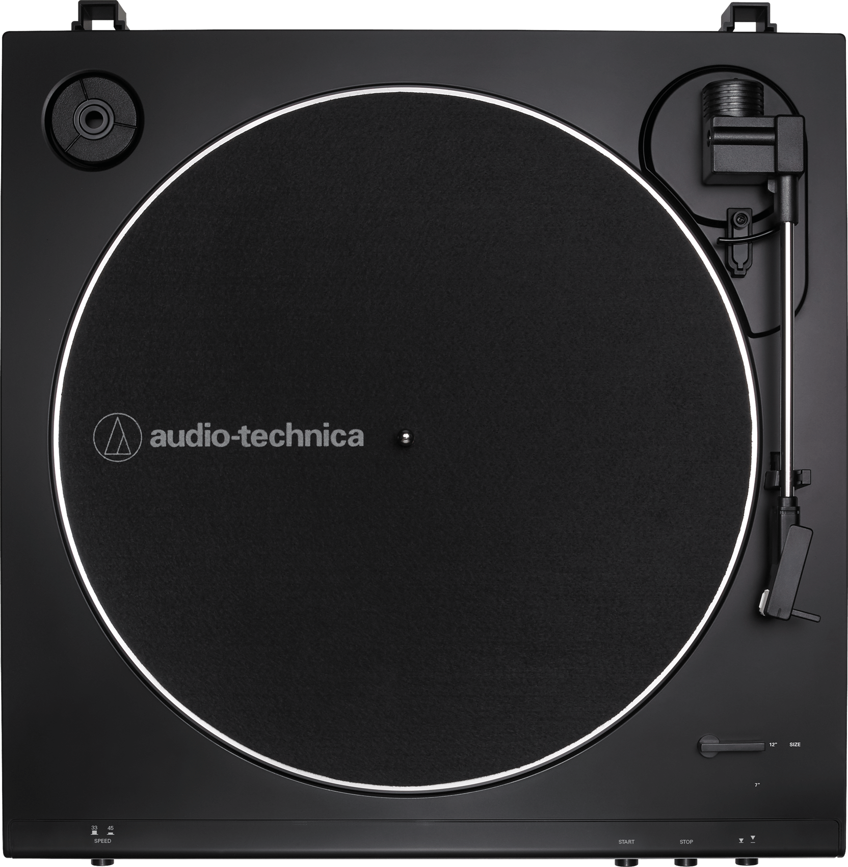 Fekete lemezjátszó fehér Audio-Technica logóval és fekete lemezzel.