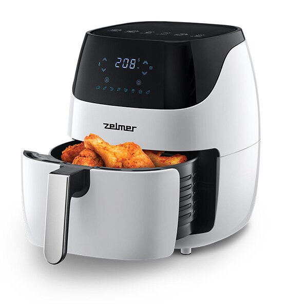 Biało-czarna frytkownica powietrzna z koszem smażonego kurczaka. Wyświetlacz pokazuje temperaturę.