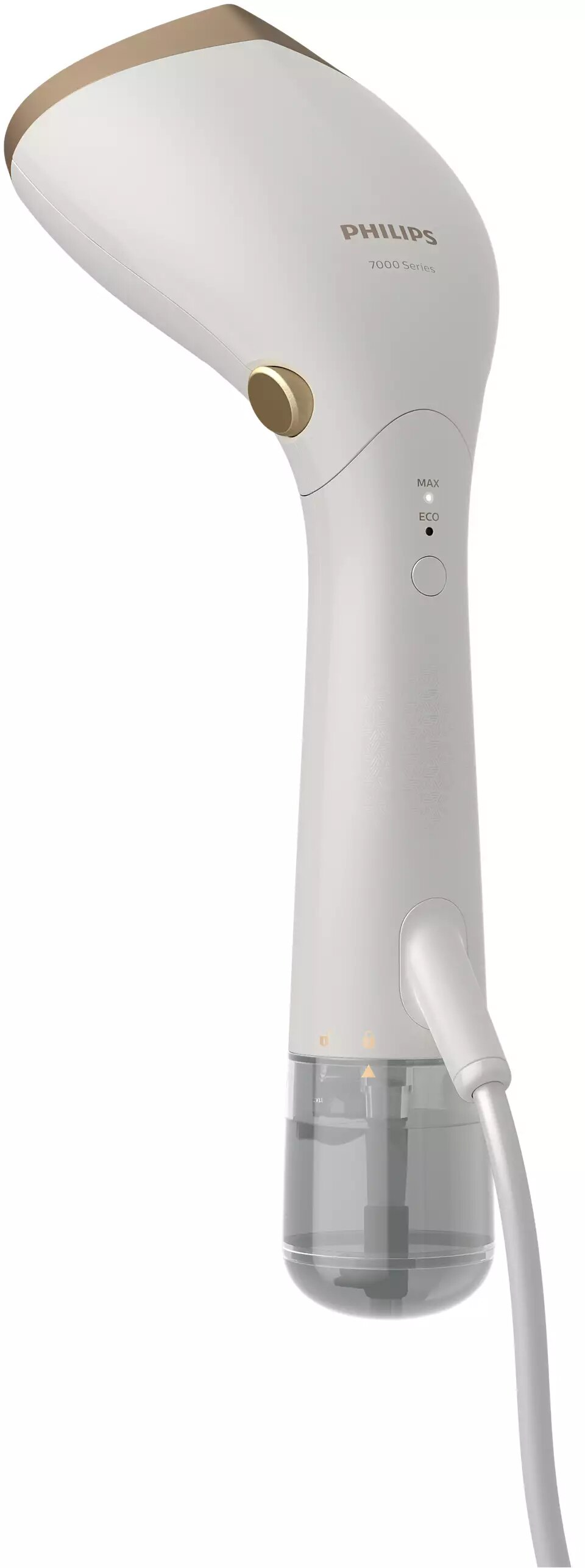 Biała parownica ręczna ze złotymi akcentami. Posiada zbiornik na wodę i przewód zasilający.