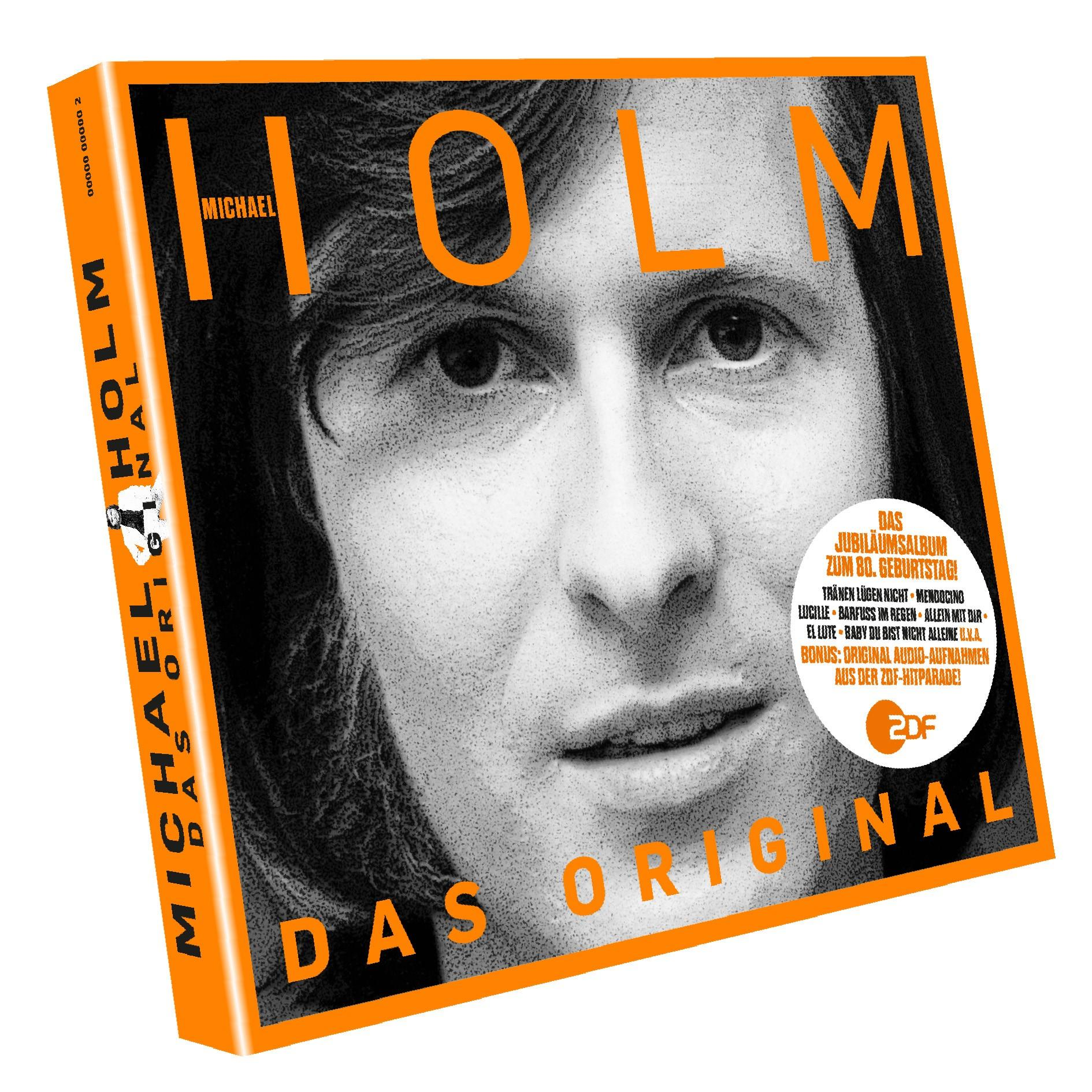 Albumcover: Michael Holm-Porträt auf orangefarbenem Hintergrund, Albumtitel und Details.