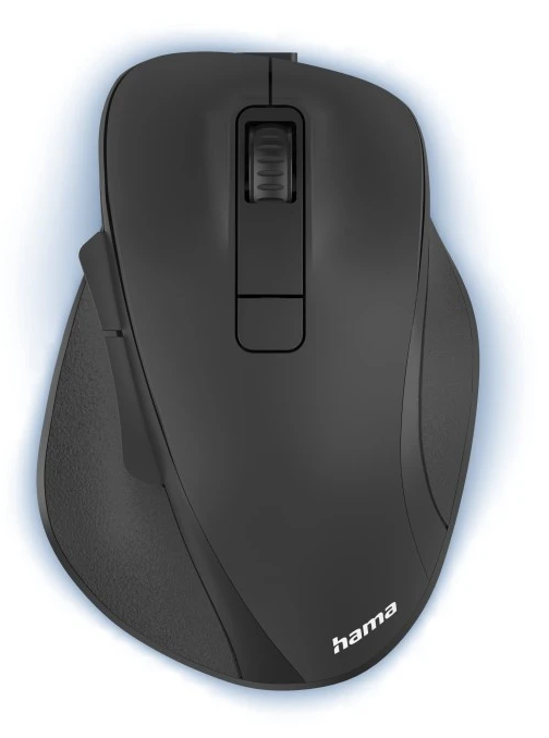 Fekete ergonomikus számítógépes egér, felülnézet, fehér háttérrel.