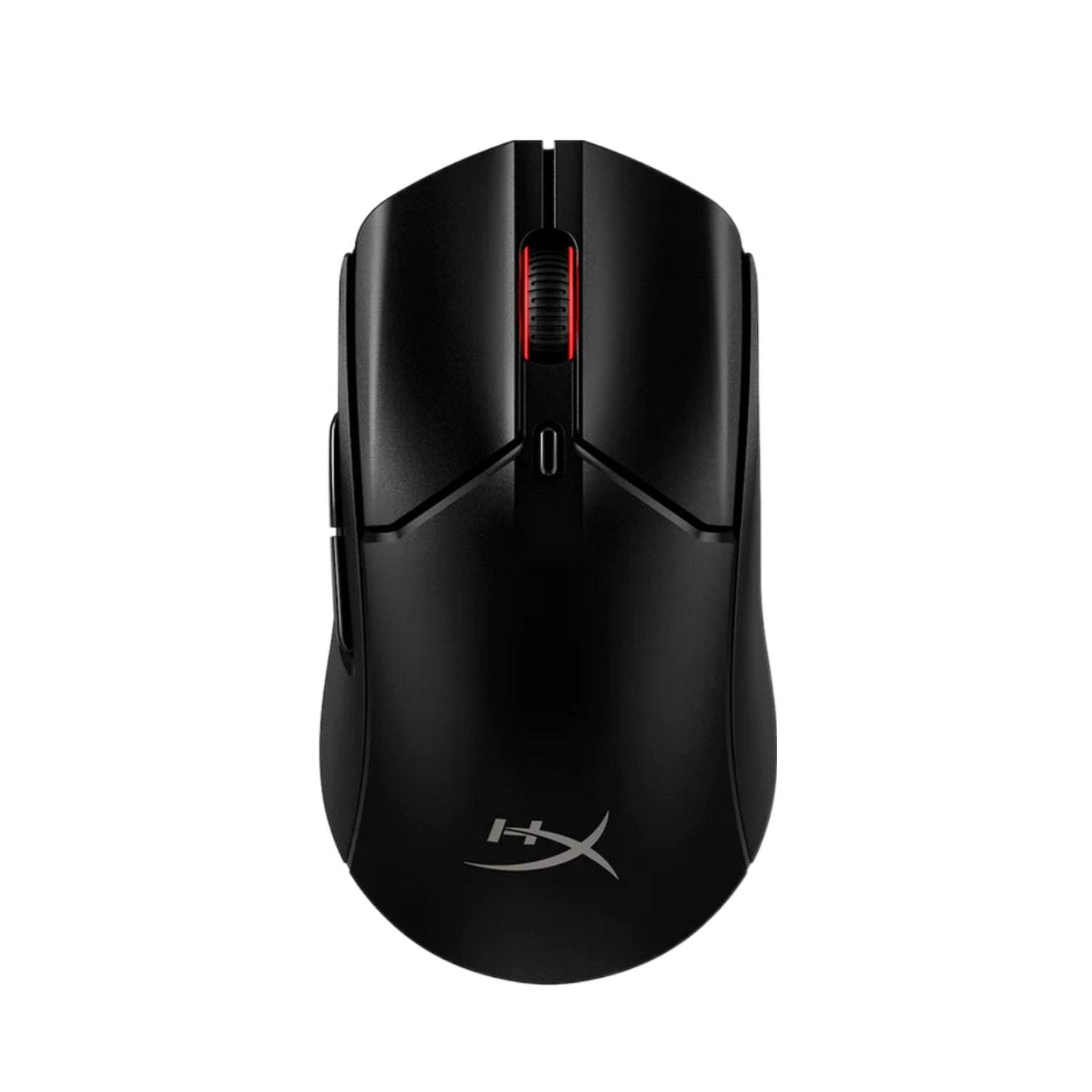 Zwarte gamingmuis met rode accenten. HyperX-logo zichtbaar. De muis is zwart.