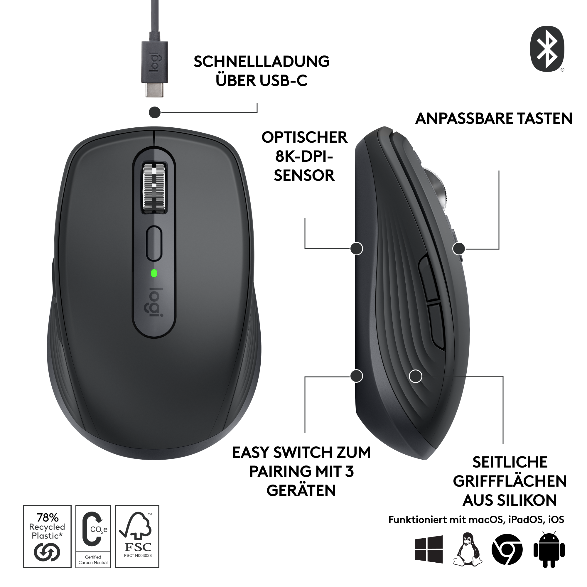 Schwarze Logitech-Maus mit USB-C-Laden, Seitentasten und Scrollrad.