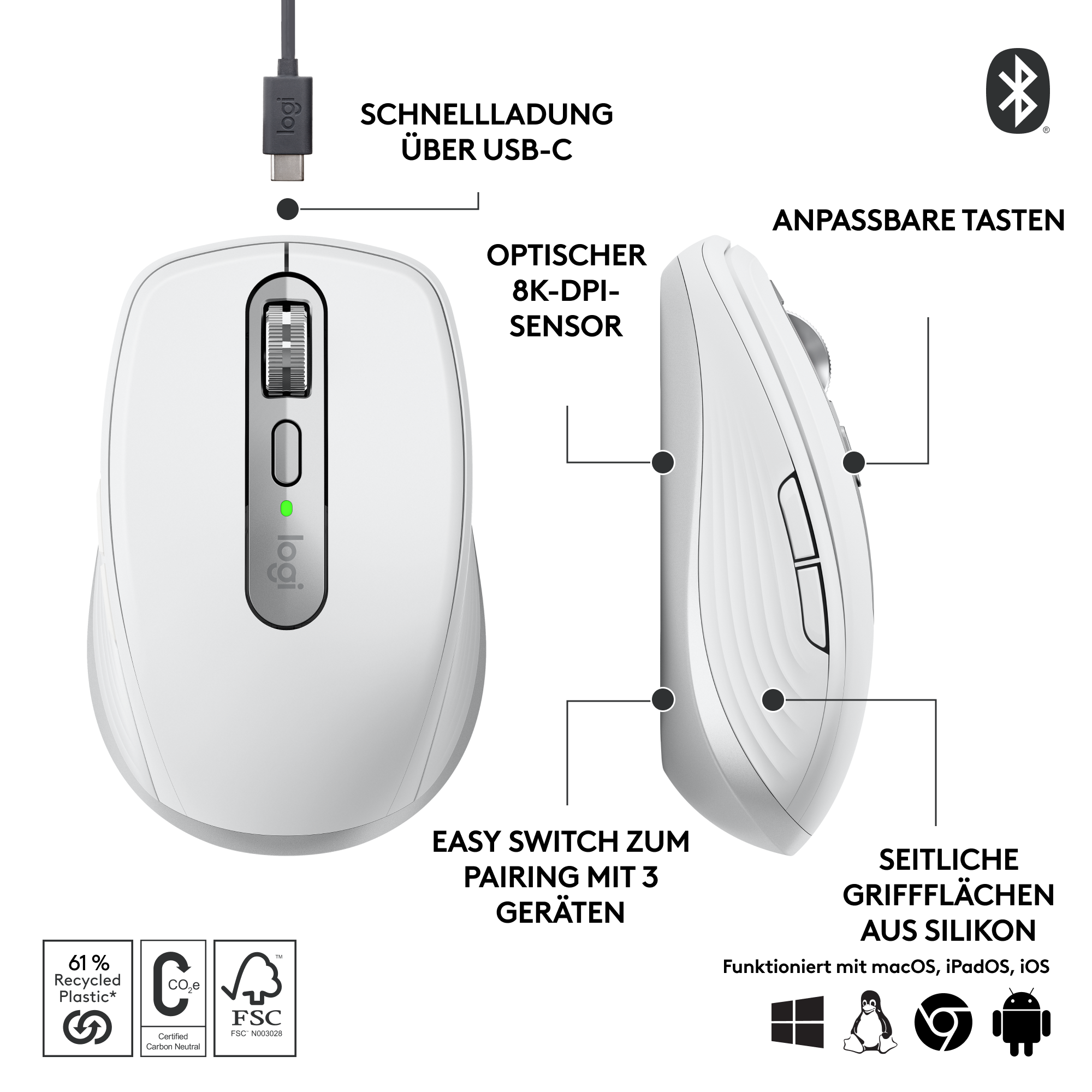Weiße kabellose Maus mit Tasten. Funktionen wie USB-C-Laden und Seitengriffe werden gezeigt.
