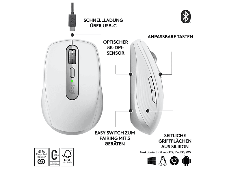 LOGITECH MX Anywhere 3s Kabellose Maus, Bluetooth, Hellgrau — Foto 5 von 5