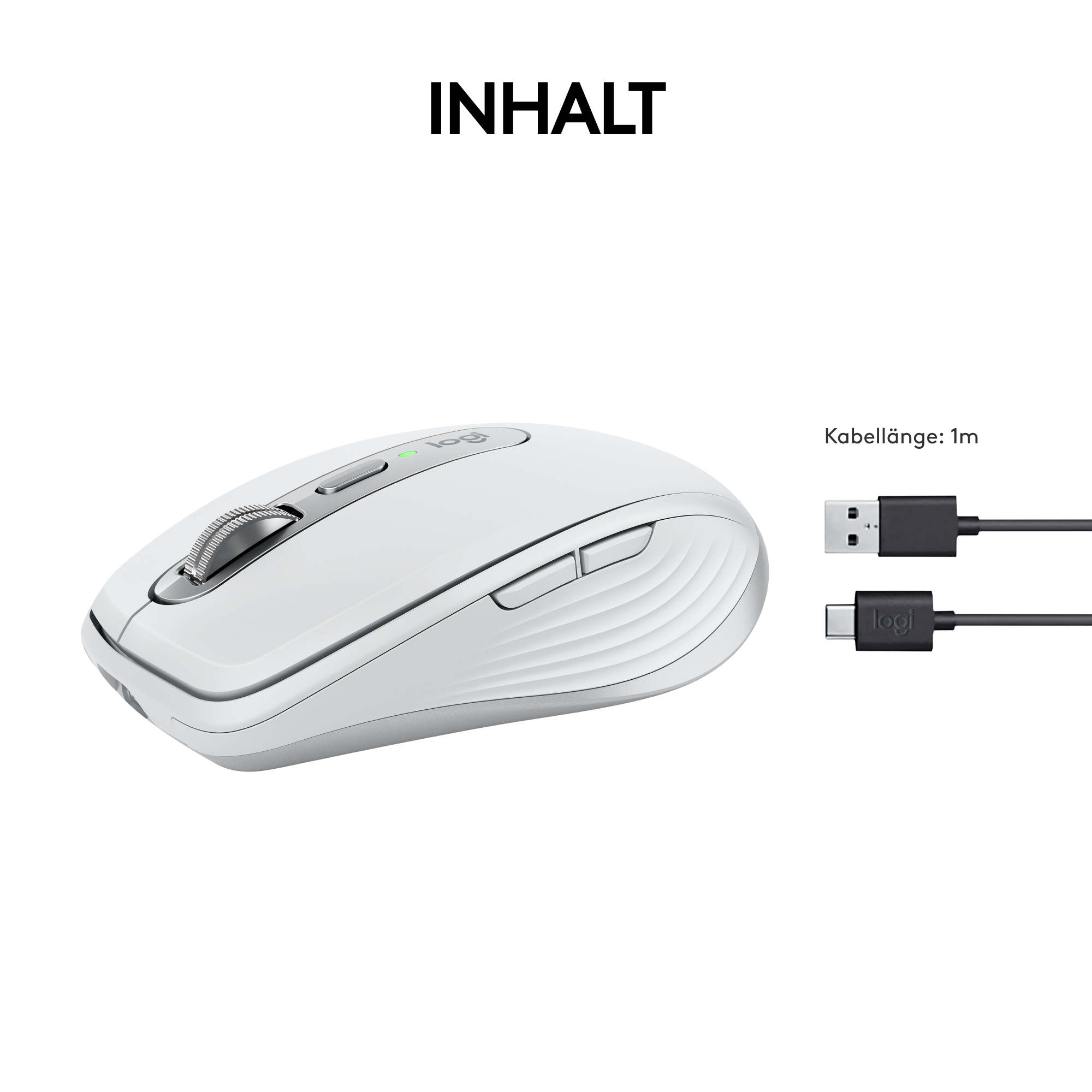 Weiße Computermaus mit silbernen Akzenten, Kabel und USB- und USB-C-Anschluss.