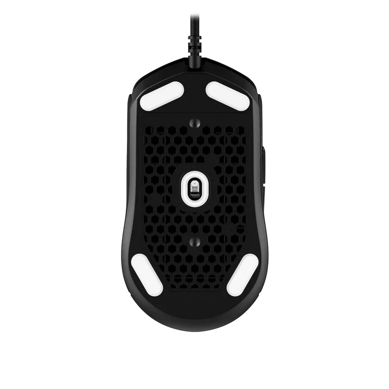 Black gaming mouse with white pads underneath and a honeycomb pattern.