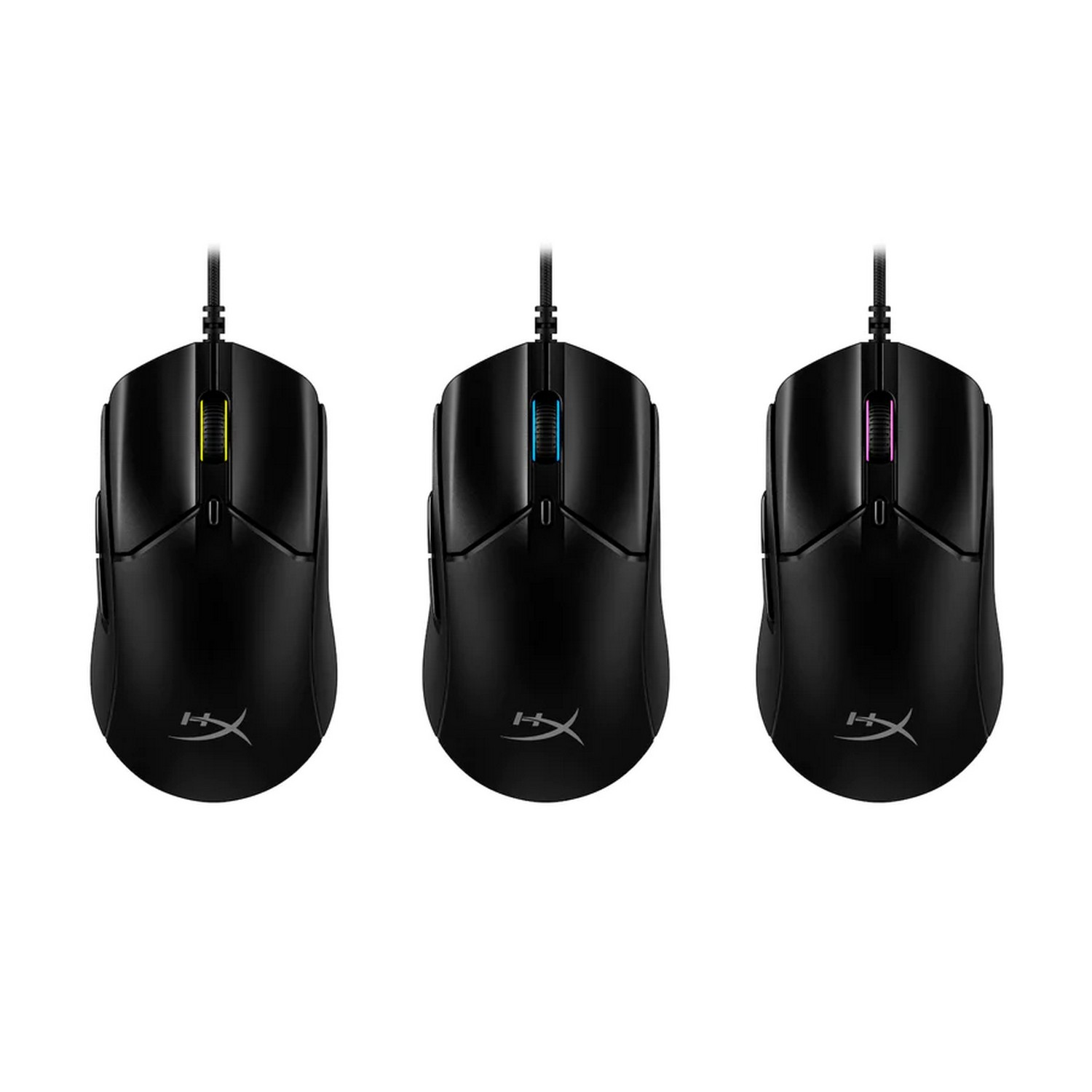 Three black computer mice. The scroll wheel lights are yellow, blue, and purple.