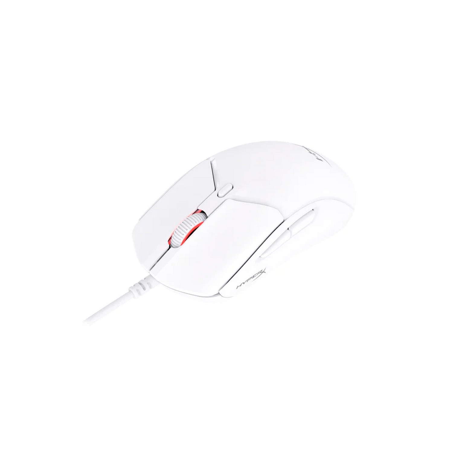 Une souris gaming blanche HyperX avec molette rouge et câble blanc, isolée sur fond blanc.