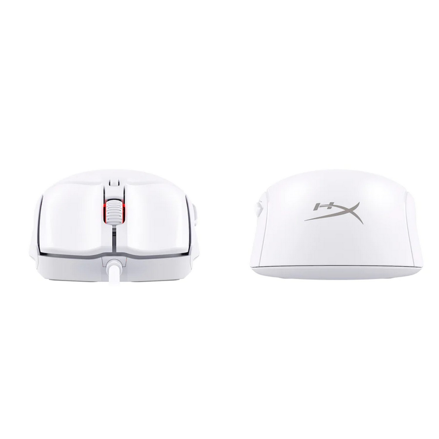 Deux souris d'ordinateur blanches. Une de face, montrant les boutons et la molette. L'autre du dessus, avec un logo.
