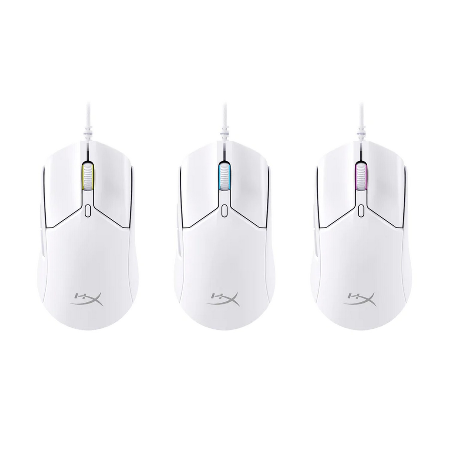 Trois souris d'ordinateur blanches avec des molettes de défilement éclairées en jaune, bleu et violet. Chacune a un cordon et un logo.