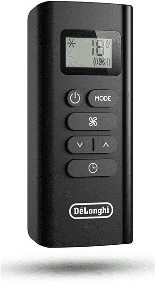 Télécommande noire avec affichage de la température. La marque DELONGHI est visible en bas.