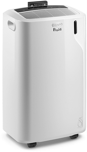 Un climatiseur DeLonghi Pinguino blanc. Il est rectangulaire avec un dessus noir.