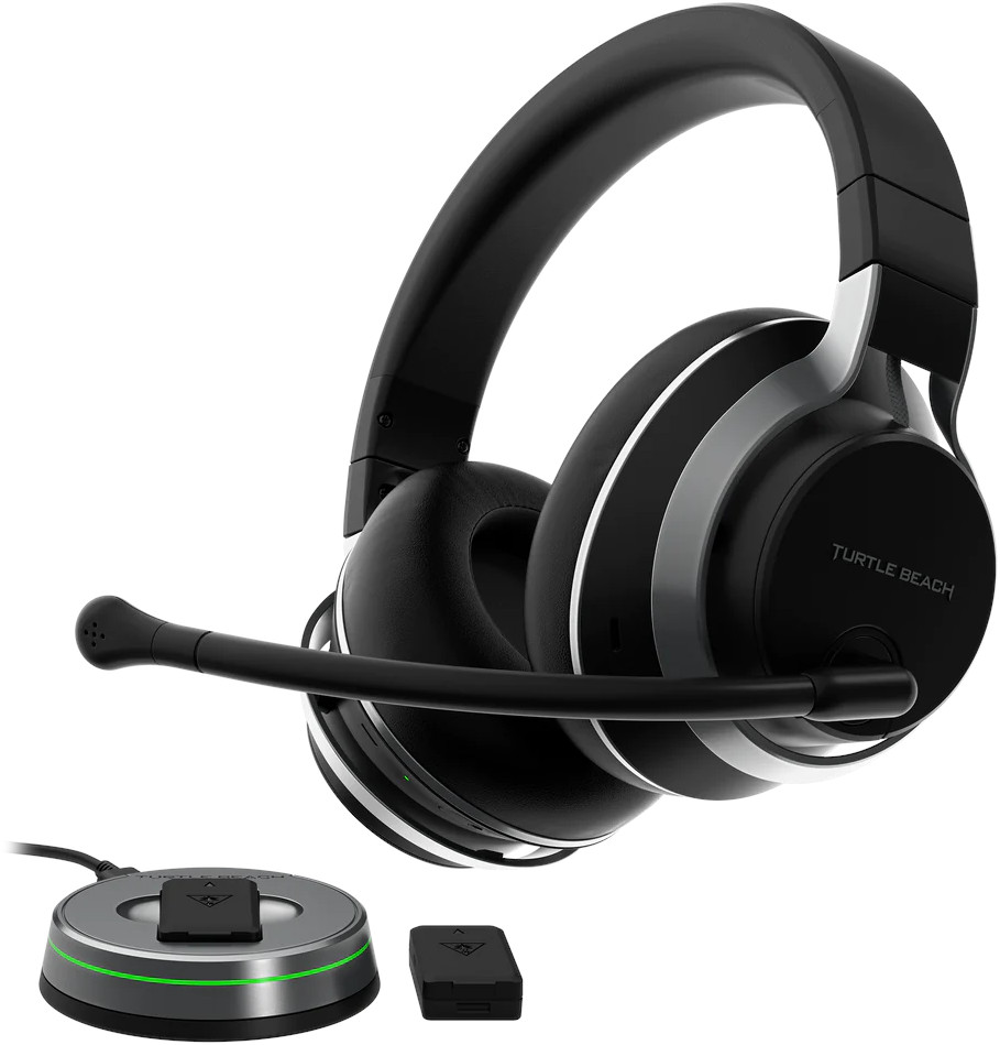 Casque noir et argent avec microphone et station de charge, avec un récepteur noir.