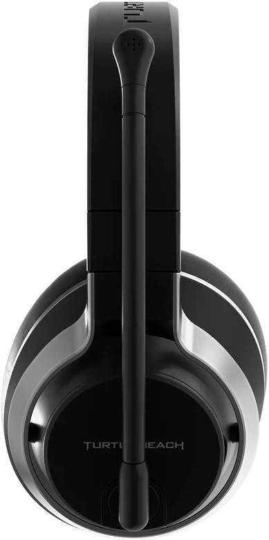 Casque de jeu noir avec un microphone, vue latérale.