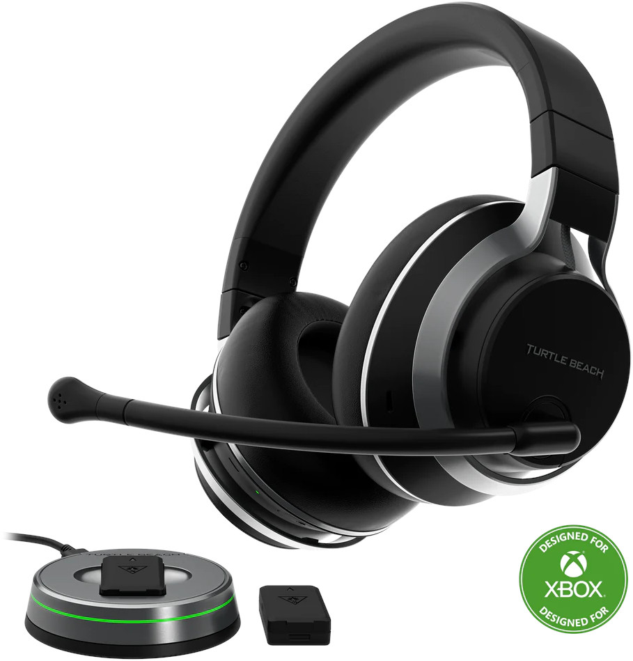 Casque de jeu Turtle Beach noir et argent avec microphone et socle. Conçu pour Xbox.