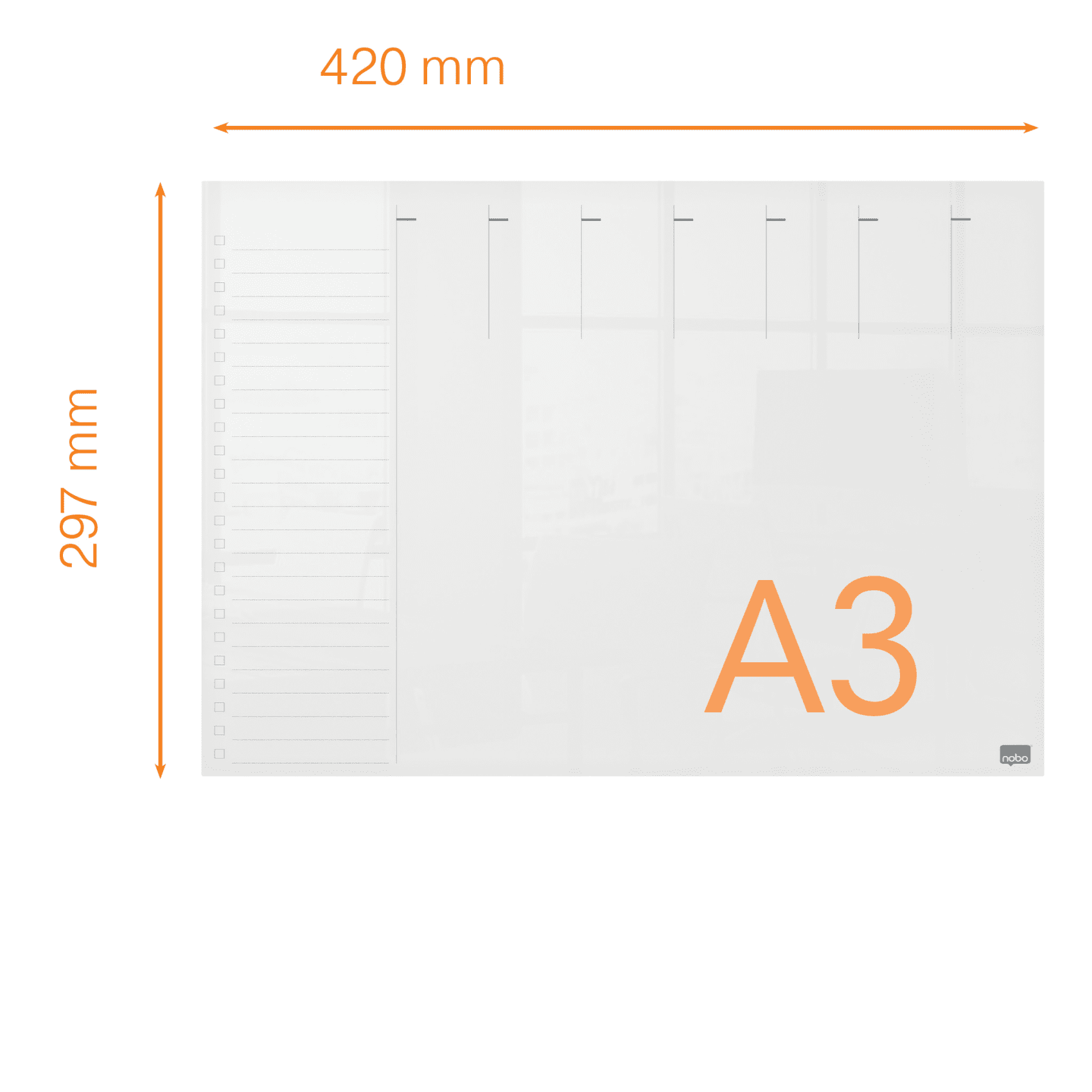 A3-as méretű fehér papír mérésekkel, és egy címkével.