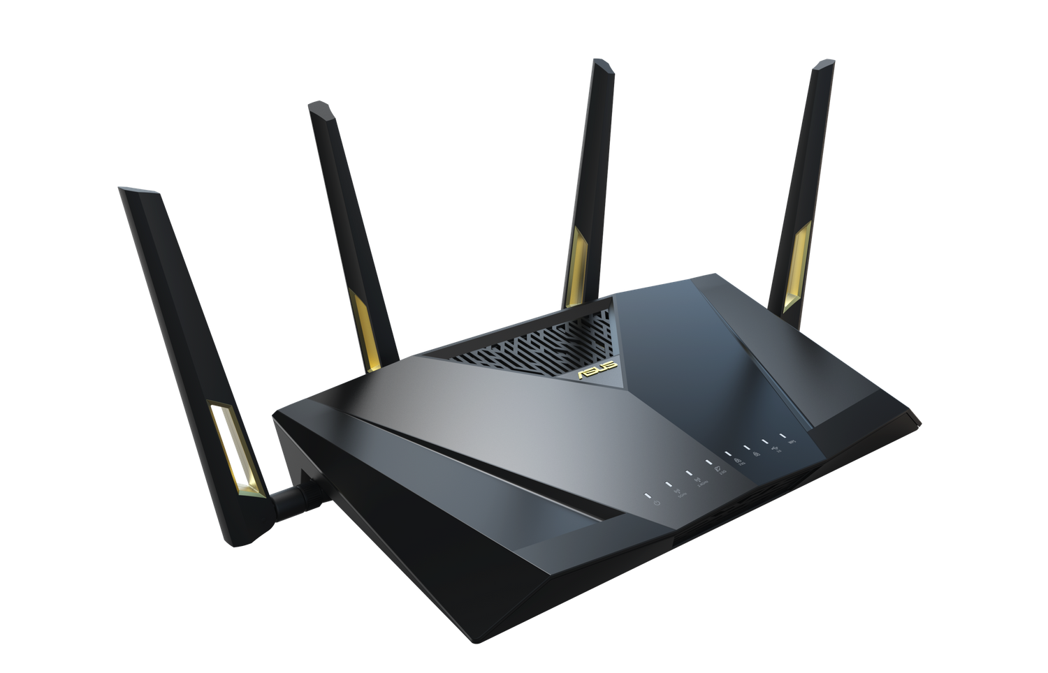 Router ASUS negro con 4 antenas. El router está sobre un fondo negro.