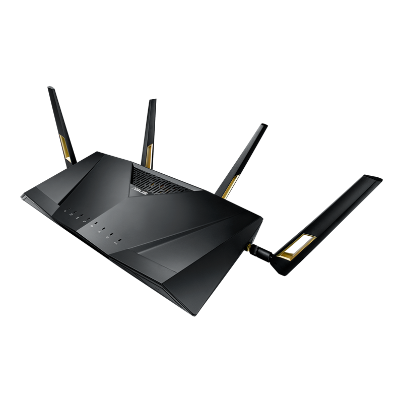 Router ASUS negro con múltiples antenas. Diseño moderno con detalles dorados.