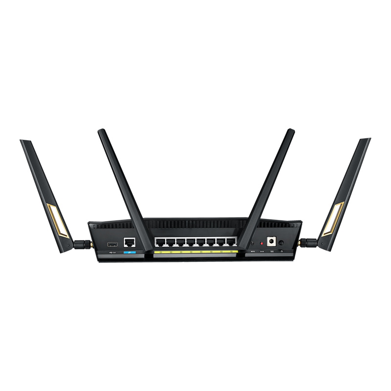 Enrutador negro con antenas, puertos y conexiones.