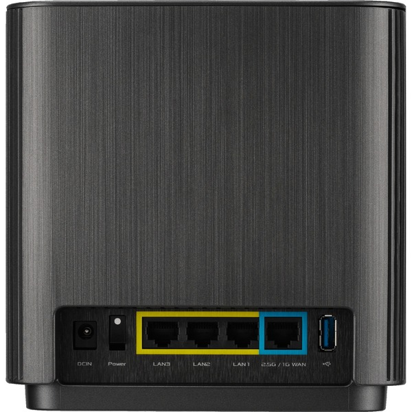 Router negro con varios puertos. Puertos LAN amarillos, USB visible.