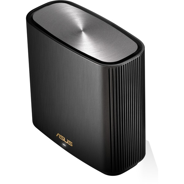 Router ASUS negro y rectangular. Tiene una parte superior plateada y un logotipo ASUS dorado.