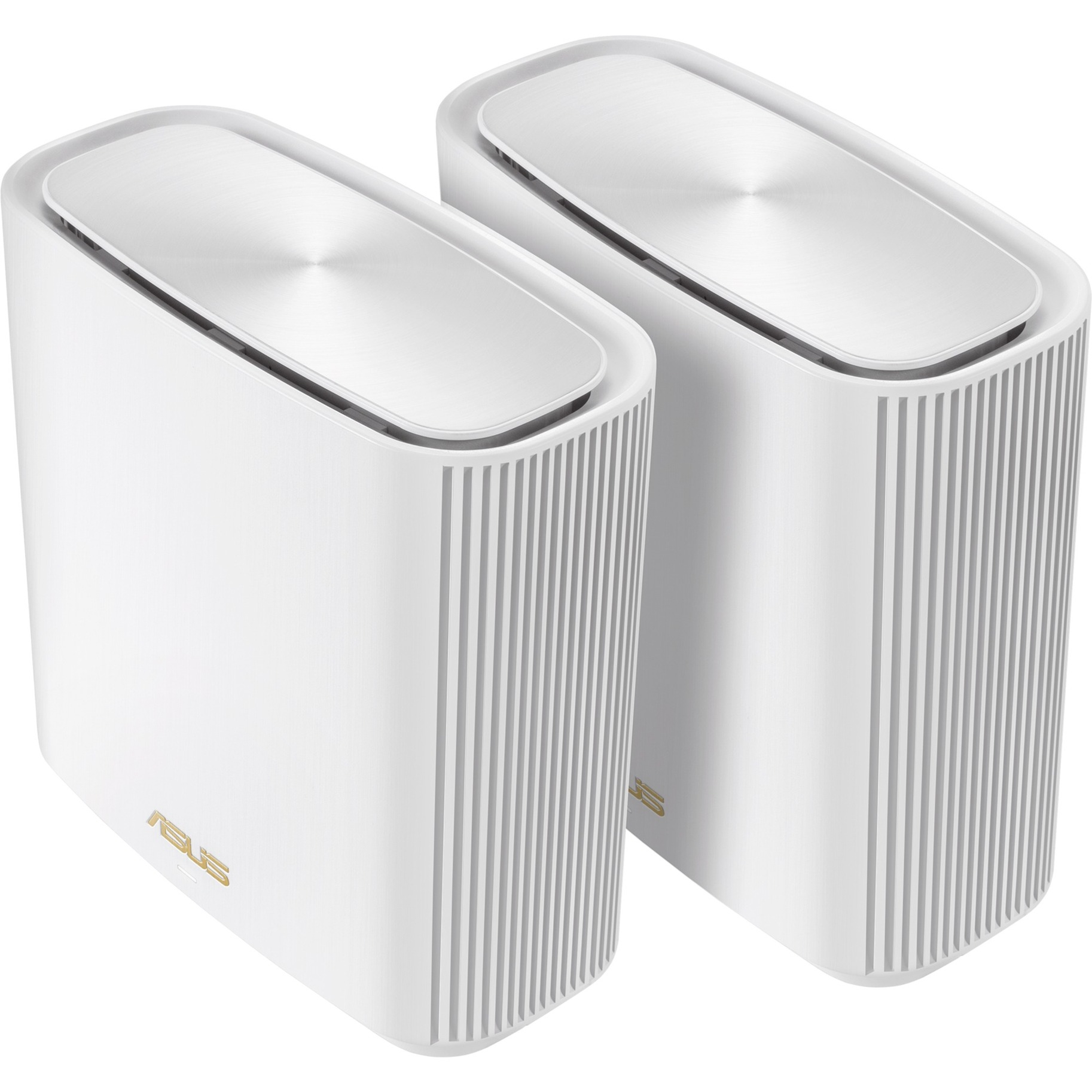 Dos routers ASUS blancos, rectangulares, con diseño elegante sobre fondo blanco.