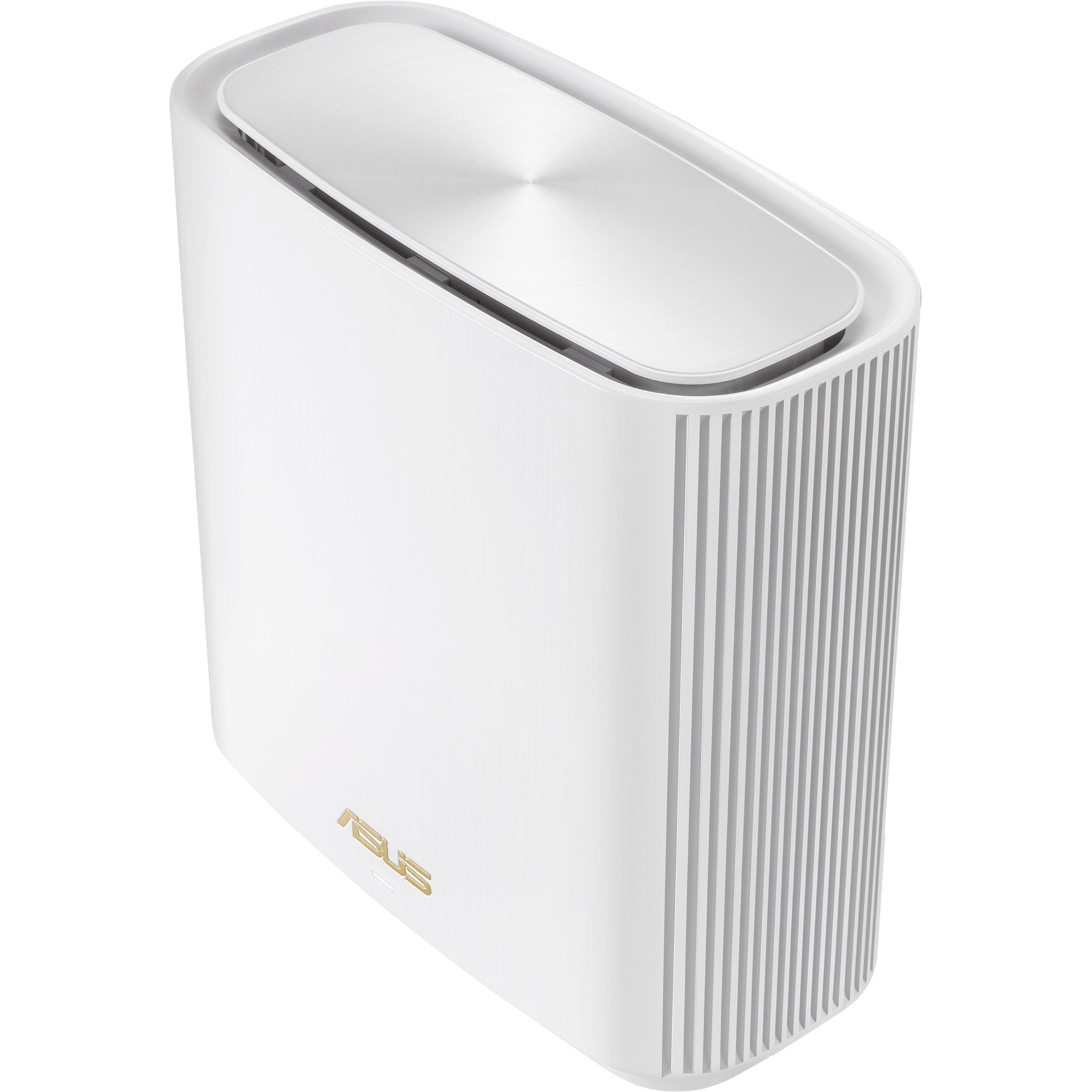 Enrutador blanco con parte superior plateada y laterales a rayas verticales, la marca ASUS es visible.
