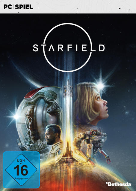 Starfield-Spielcover. Astronauten und ein Raumschiff sind mit einem Logo versehen.