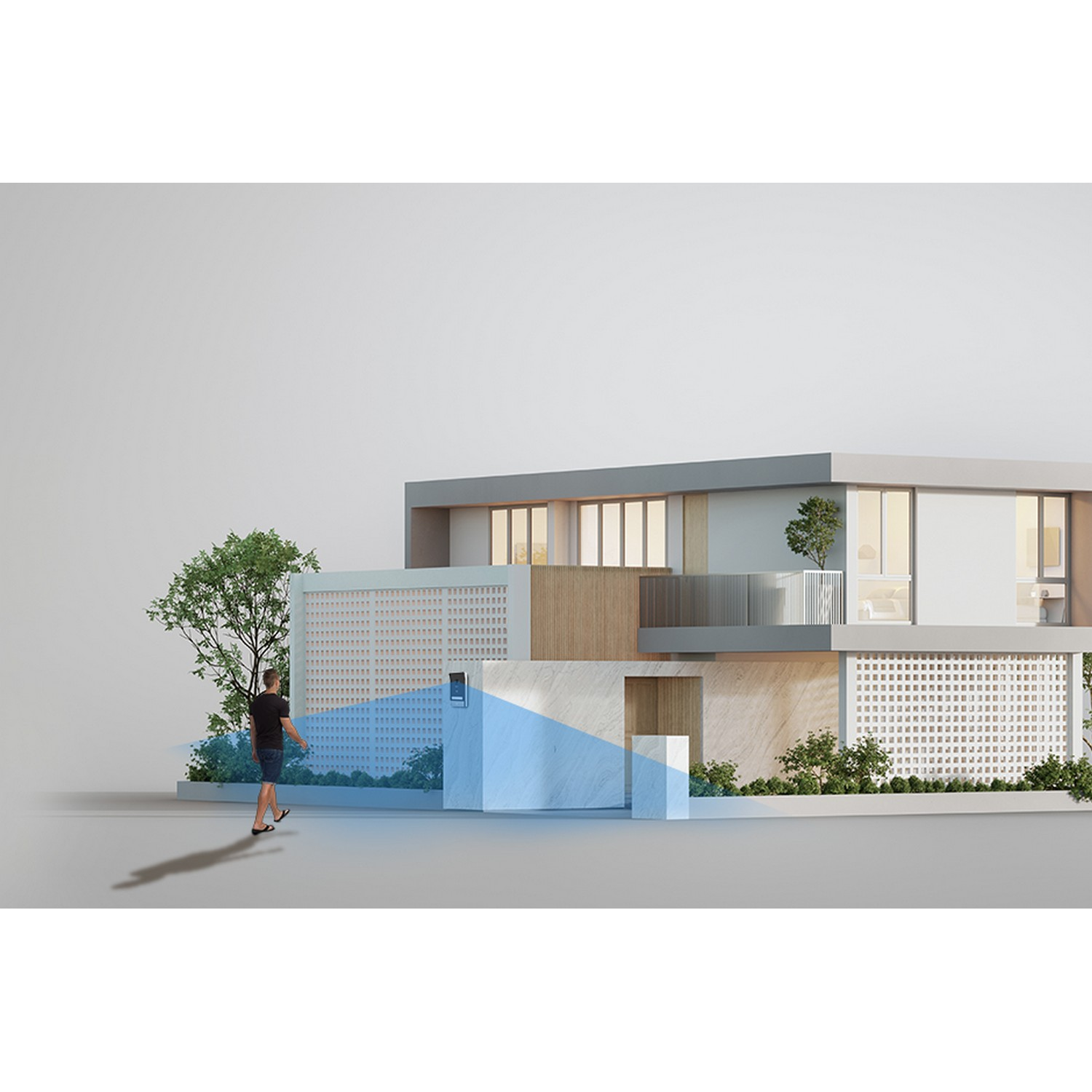 Maison moderne avec une personne qui s'approche. La maison a un extérieur blanc et un arbre.
