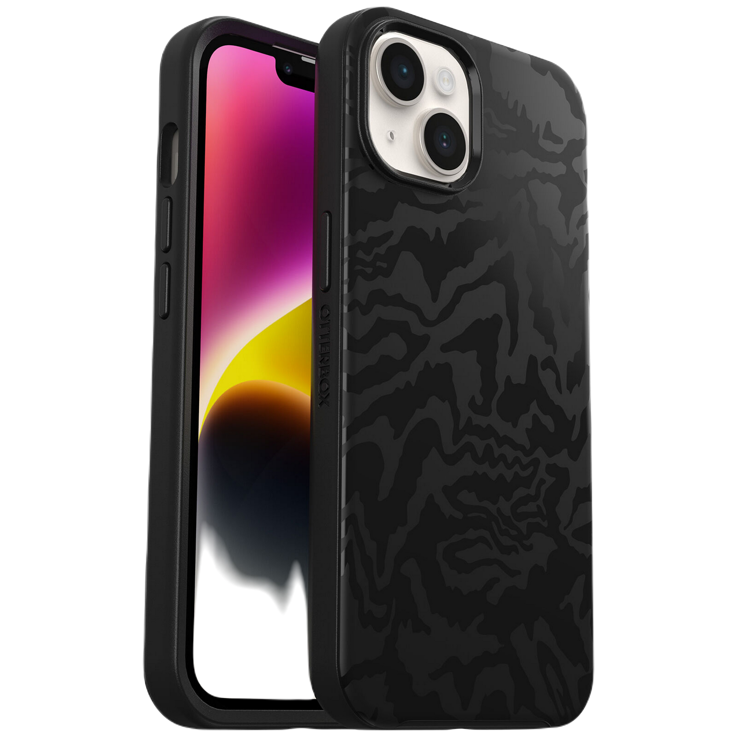 Telefoon in een zwarte Otterbox-hoes. De telefoon staat links en de hoes heeft een zebra-achtig ontwerp.