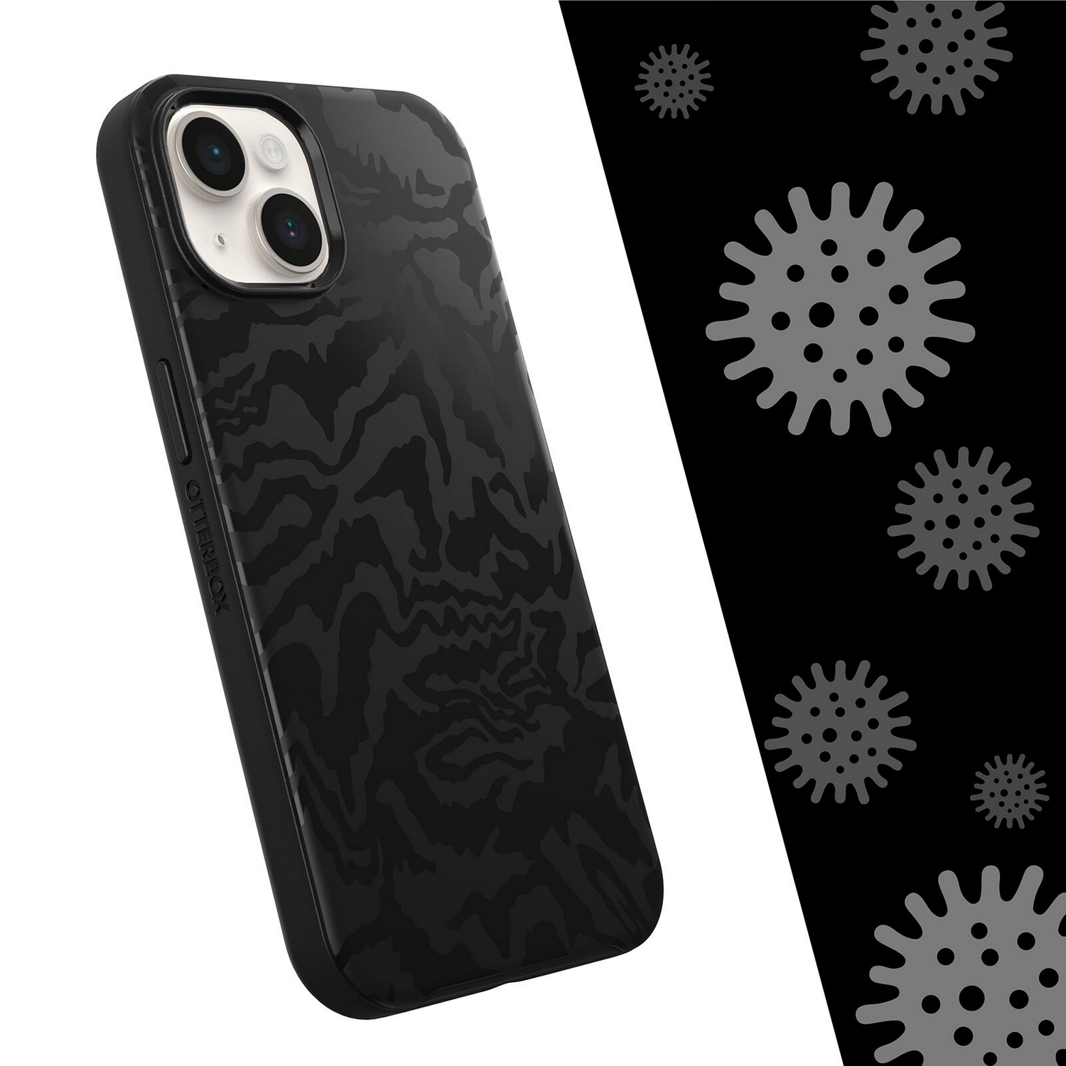 Zwarte telefoonhoes met een patroonontwerp, schuin gehouden. Abstracte virusiconen op de achtergrond.