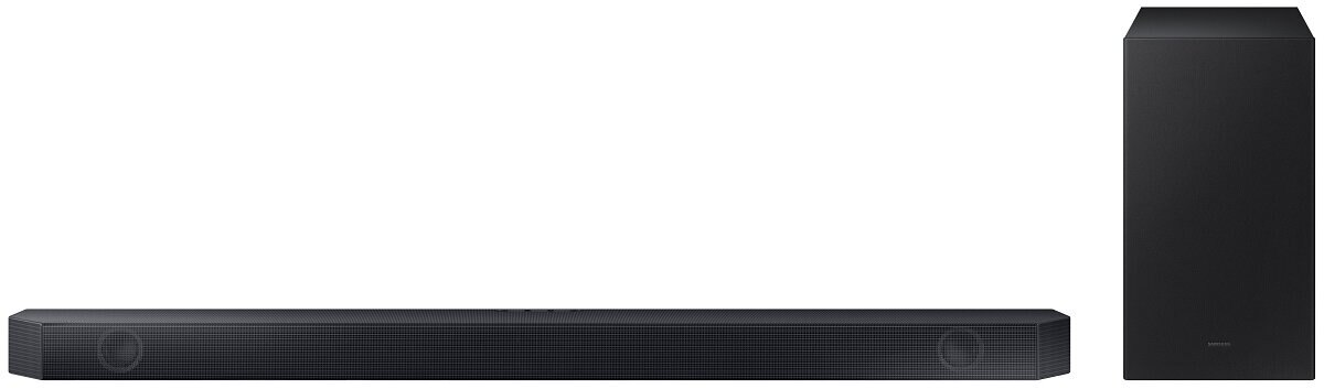 Czarny soundbar i subwoofer, z czarnym przodem z siatki i minimalistycznym designem.