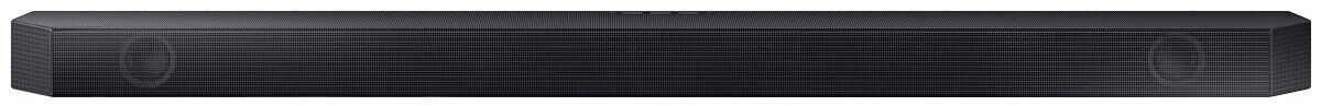 Czarny soundbar z głośnikami na obu końcach, na białym tle.