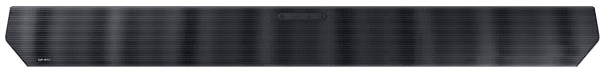 Czarny soundbar z siatkowym przodem, prosty design. Posiada przyciski pośrodku.