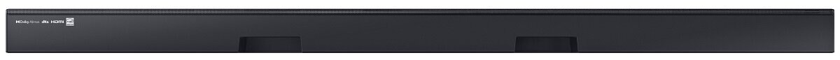 Czarny soundbar o eleganckim designie, na białym tle.