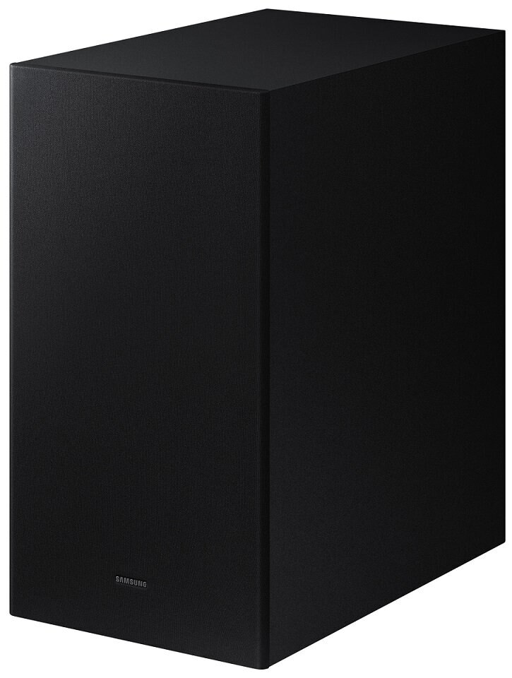 Czarny, prostokątny subwoofer Samsung, z widocznym logo Samsung.