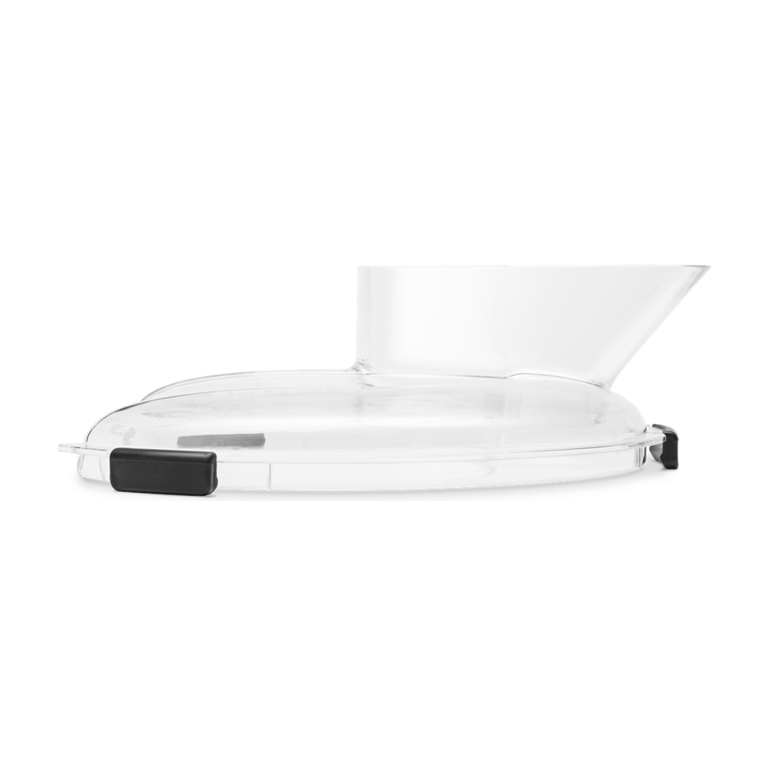 Coperchio del robot da cucina in plastica trasparente con scivolo e parti di bloccaggio nere.